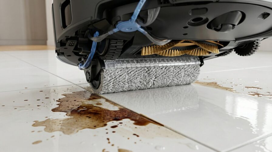 Mova Z60 Wischwalze reinigt Kaffeefleck auf Fliesenboden