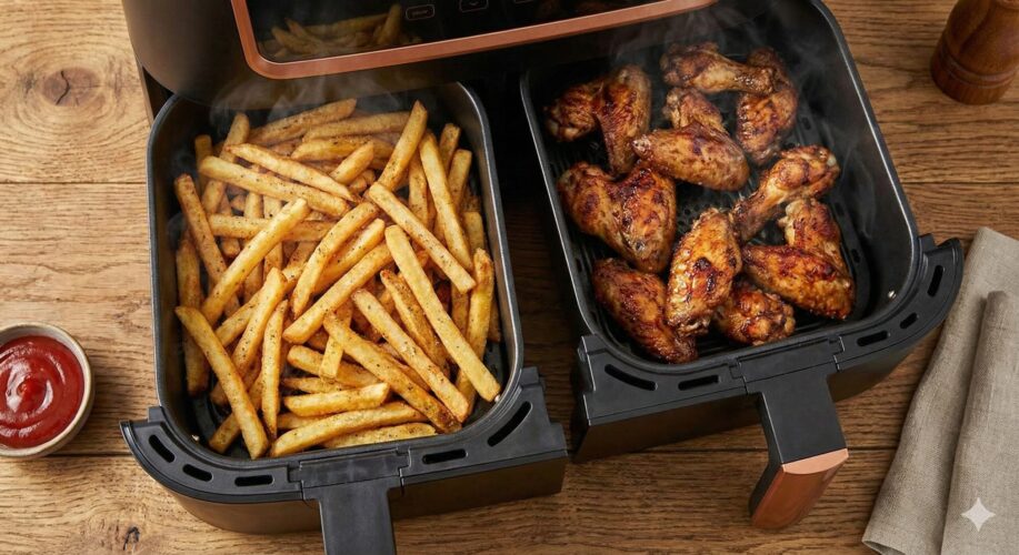 Ninja Foodi Dual Zone geöffnete Schubladen mit Pommes und Hähnchen