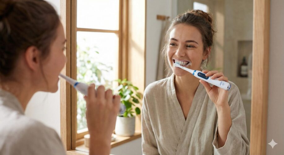 Frau putzt sich die Zähne mit einer Oral-B iO Series 2 Zahnbürste