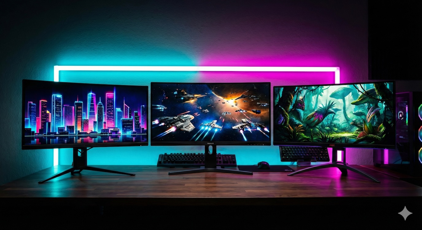 Drei 34 Zoll Curved Gaming Monitore von MSI, Philips und AOC nebeneinander