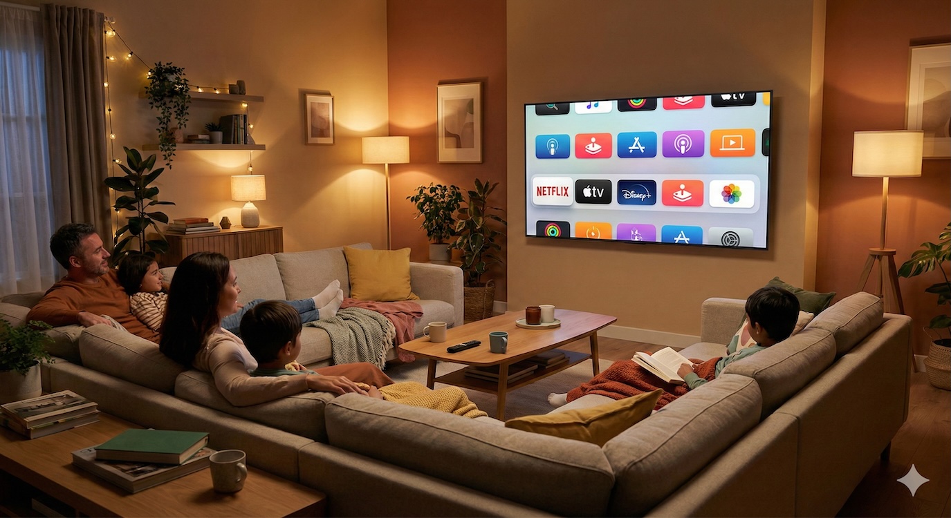 Fernseher zeigt das aufgeräumte tvOS Menü ohne Werbung