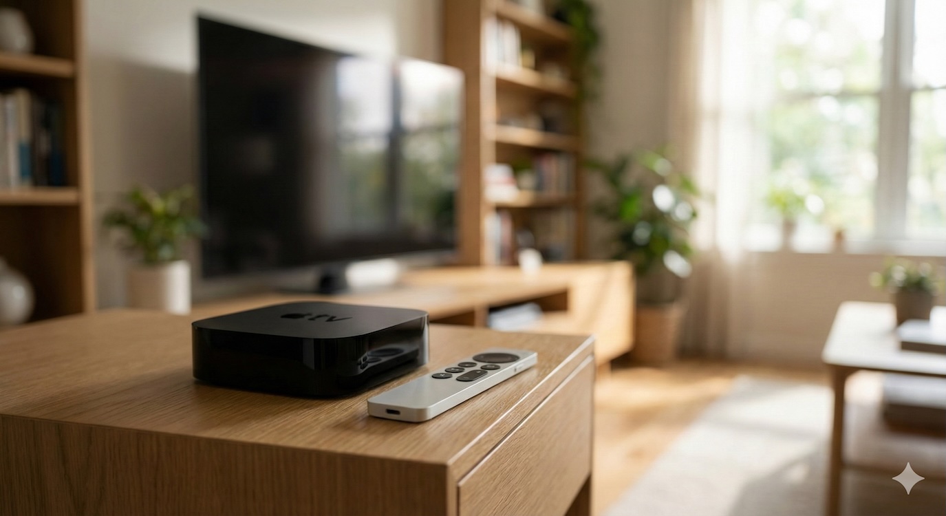 Der Apple TV 4K 2022 steht neben der silbernen Siri Remote auf einem modernen Lowboard.