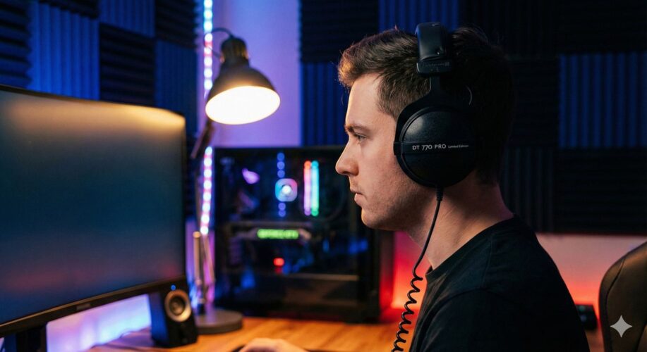 Gamer trägt schwarze DT 770 PRO Kopfhörer vor beleuchtetem PC-Setup