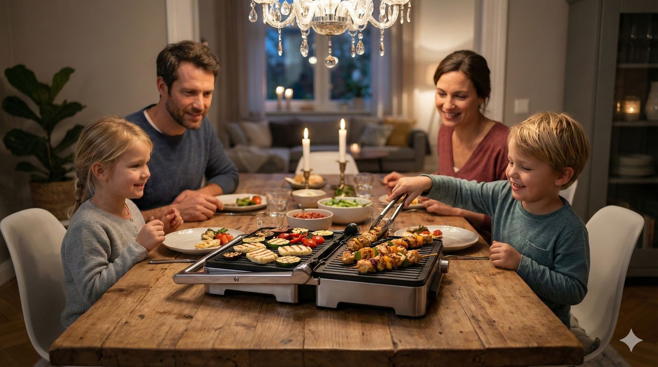 Glückliche Familie beim Essen mit dem WMF Kontaktgrill