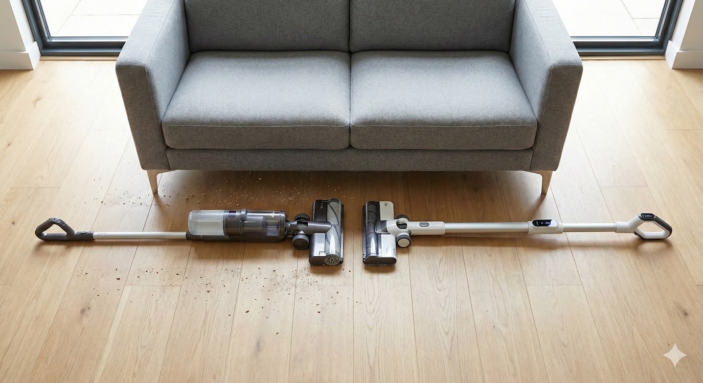 Dyson WashG1 Test: Genial leise – oder doch Fehlkauf? Dyson WashG1 und Tineco S7 liegen flach auf dem Boden im Vergleich