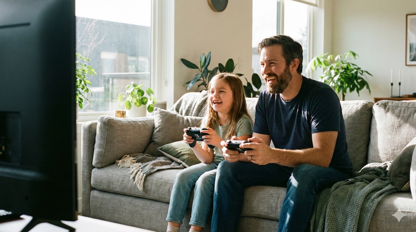 Nintendo Switch 2 Test: Endlich 4K & mehr Power? Lohnt es sich? Ein Vater und eine Tochter sitzen lachend auf dem Sofa und spielen gemeinsam mit der Nintendo Switch 2.