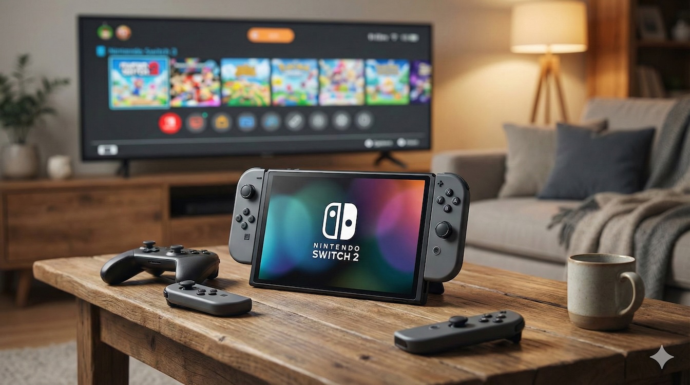 Nintendo Switch 2 Test: Endlich 4K & mehr Power? Lohnt es sich? Die Nintendo Switch 2 Konsole steht auf einem Holztisch, gemütliches Licht.