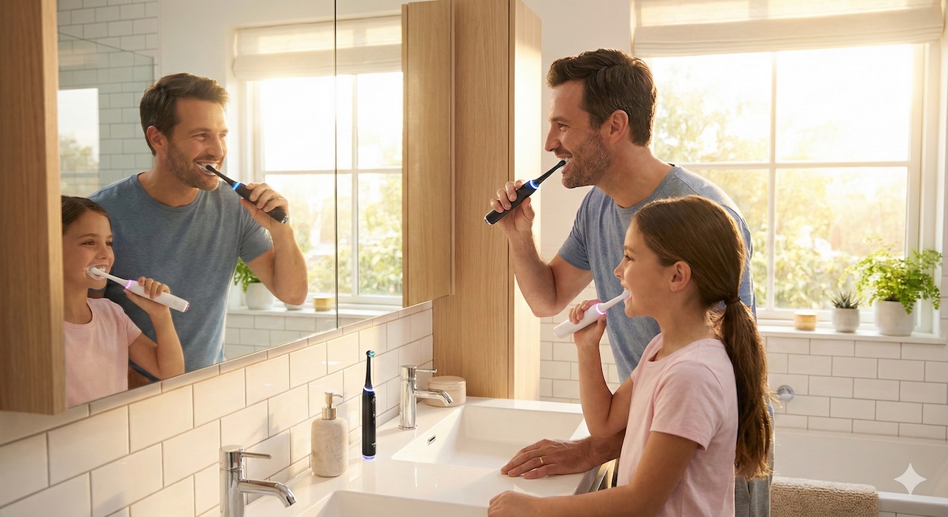 Oral-B iO Vergleich 2026: Der große Familien-Check Familie putzt Zähne mit Oral-B iO