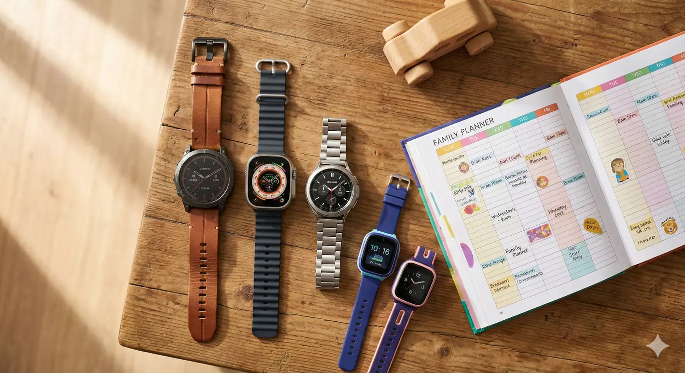 Smartwatches von Garmin, Samsung, Apple und Huawei im direkten Vergleich auf einem Tisch