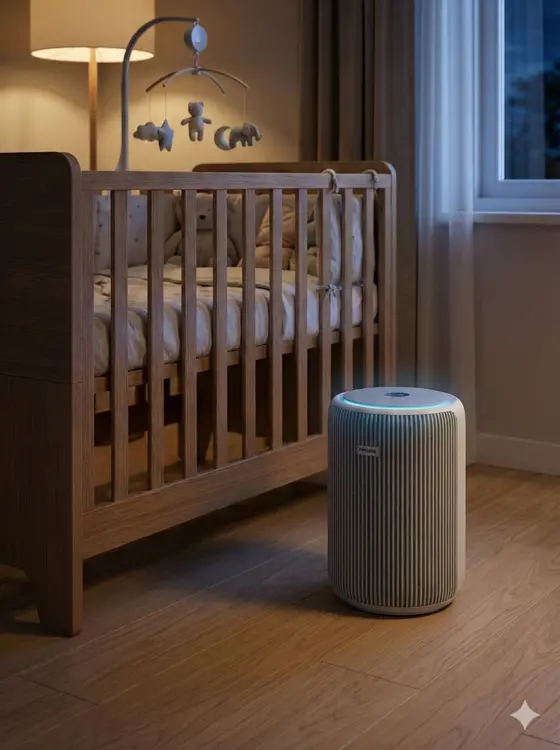 Philips PureProtect 3200 Luftreiniger im Kinderzimmer neben Babybett