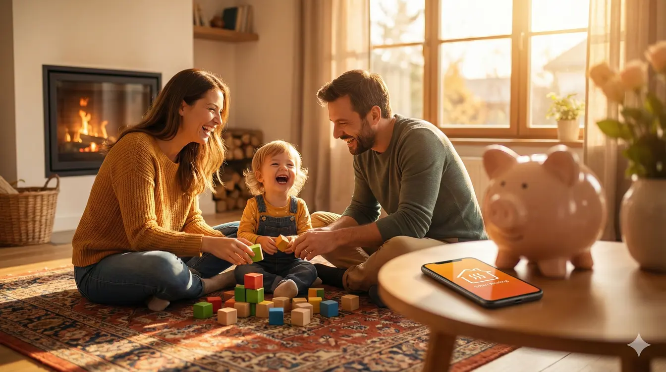Glückliche Familie im warmen Wohnzimmer als Symbol für Heizkomfort und Ersparnis