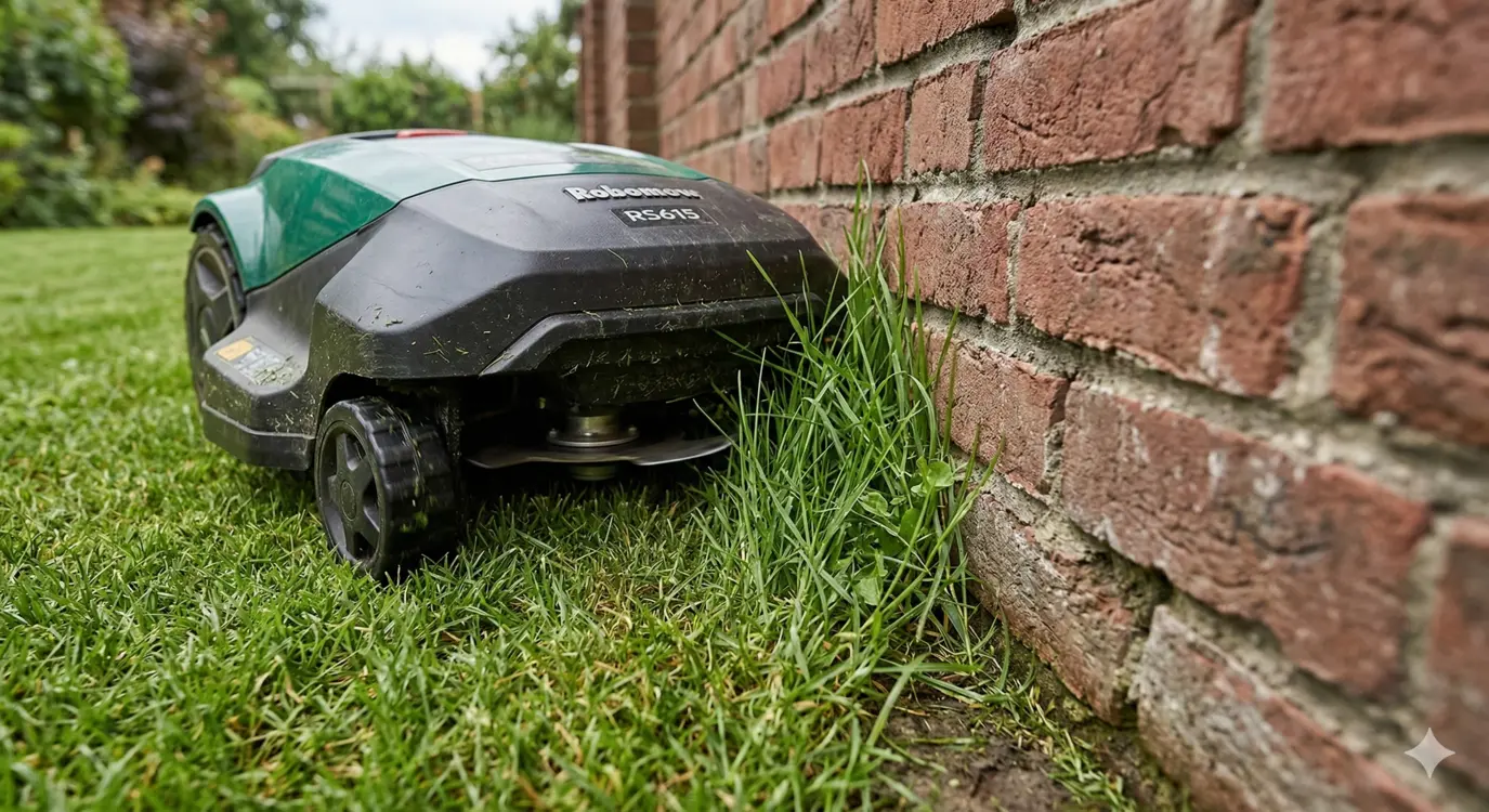 MOVA LiDAX Ultra 800 im Vergleich: Das Ende der Kabel? Detailaufnahme: Unberührter Grasstreifen an einer Steinmauer