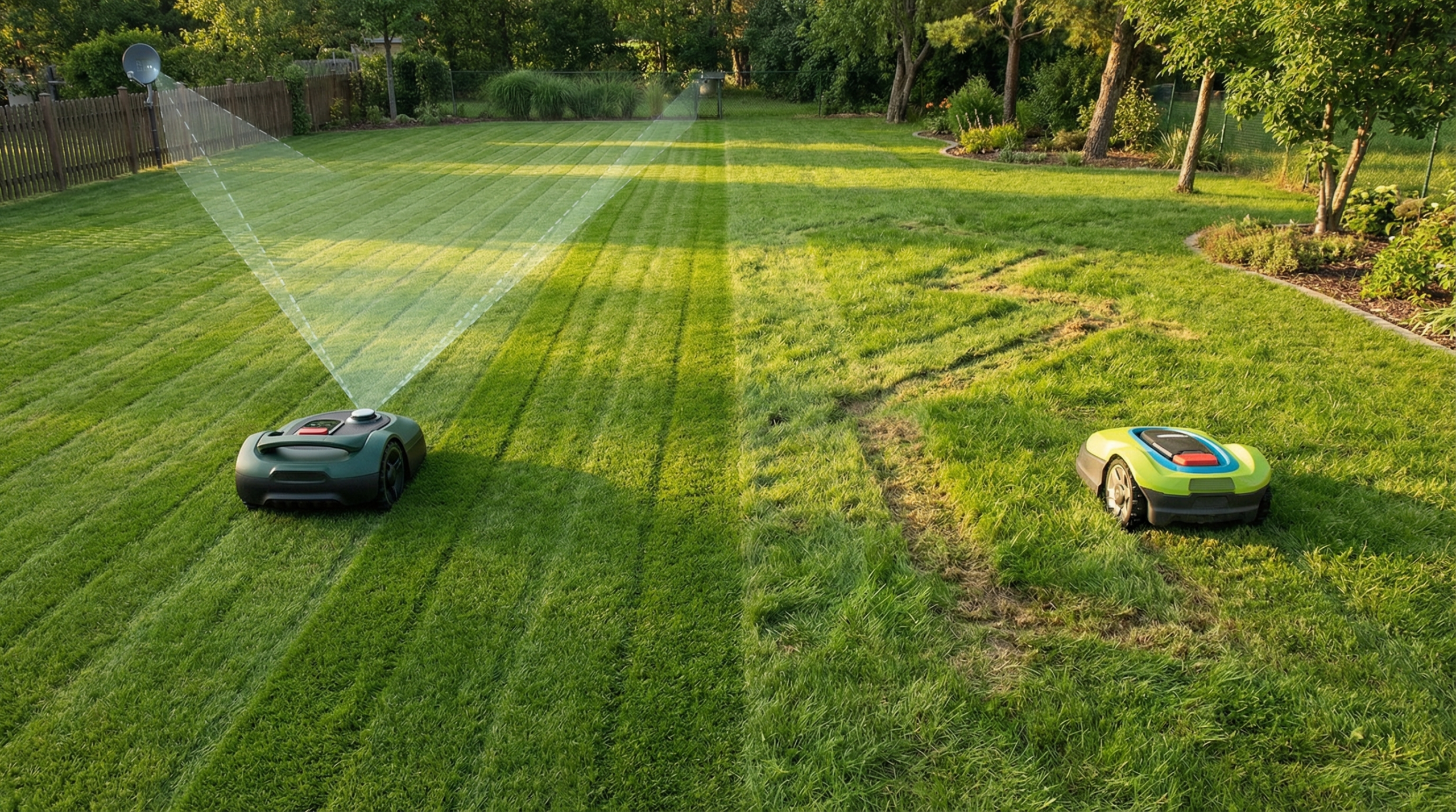 Vergleichsbild: Navimow i105E versus kabelgebundene Mähroboter im Alltag