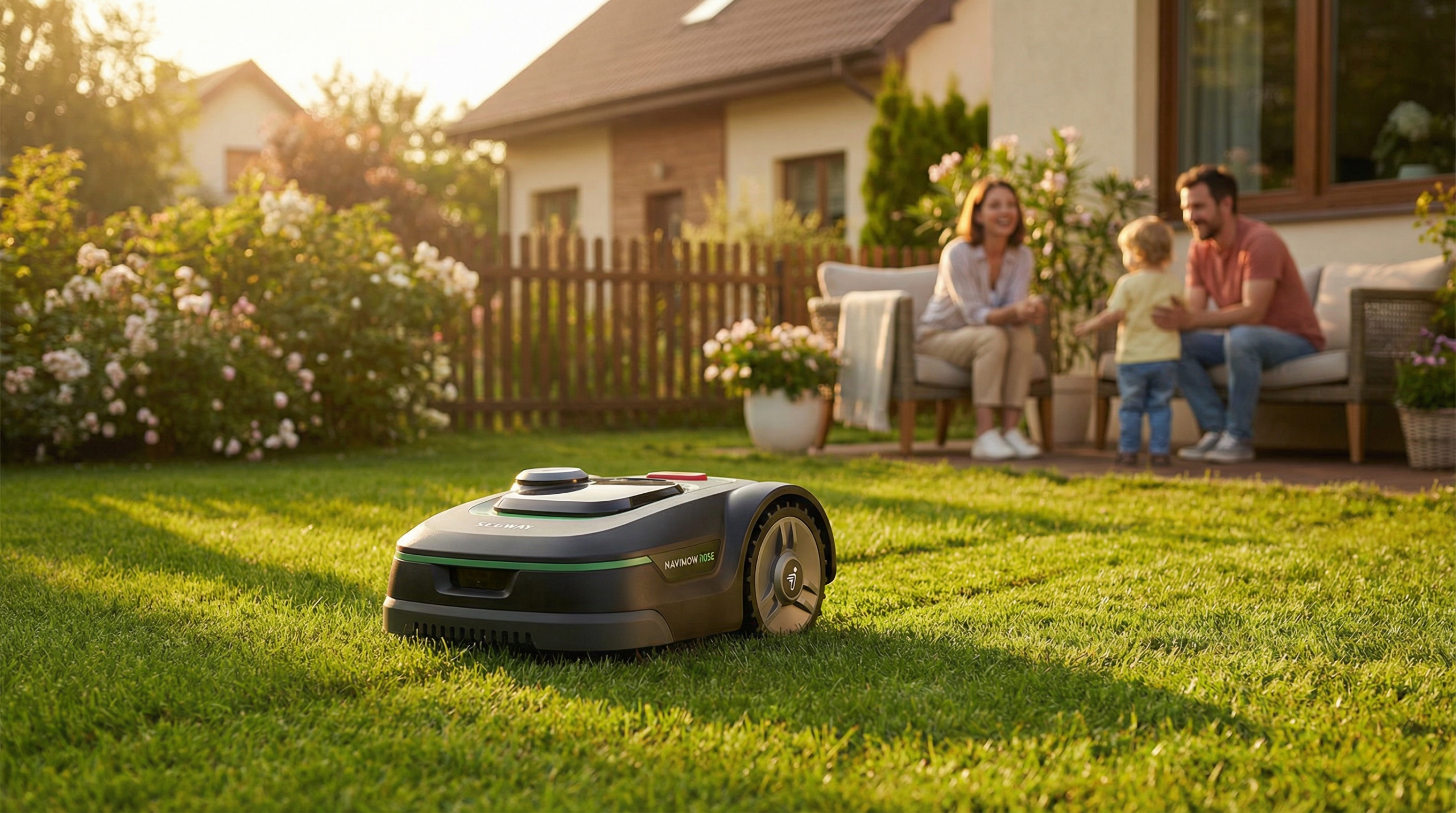 Hero Shot: Navimow i105E im Familiengarten mit klar gemähten Bahnen