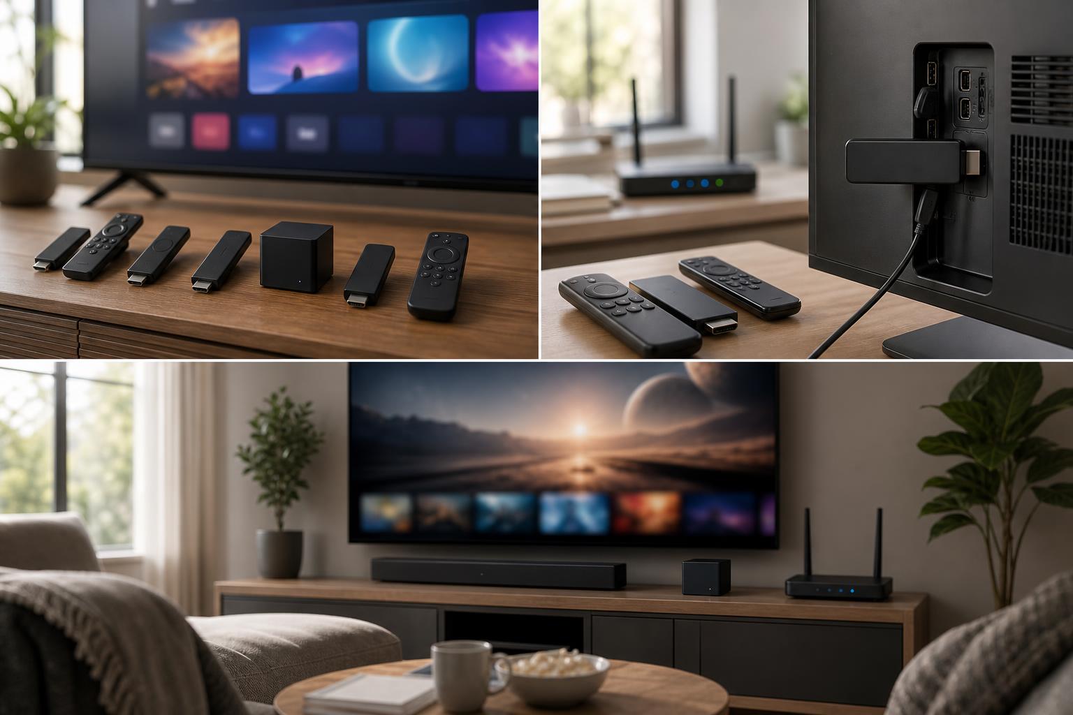 Fire TV Lineup mit mehreren Streaming-Sticks, Fernbedienungen und Cube auf einem TV-Lowboard