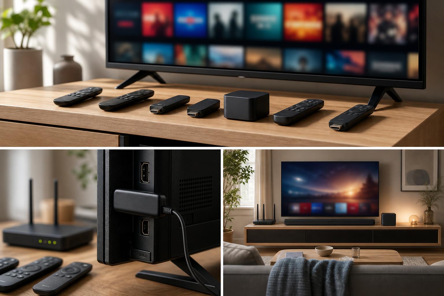 Fire TV Stick hinter Fernseher mit Fernbedienungen und Router als Vergleich von HD, 4K und Wi-Fi