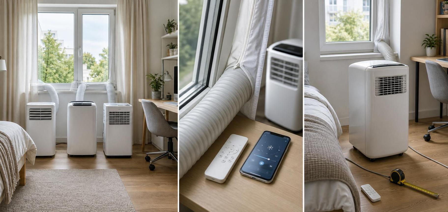 Mobile Klimaanlage neben Bett und Schreibtisch als Lautstärke- und Platz-Realitätscheck