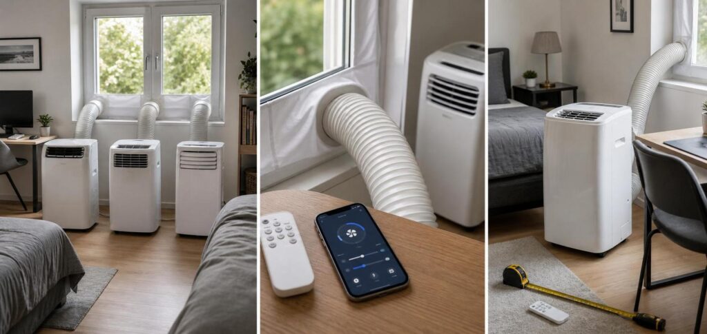 Drei mobile Klimaanlagen bis 300 Euro mit Abluftschlauch im Schlafzimmer