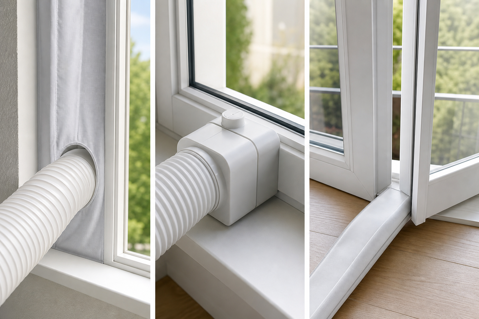 Fensterabdichtung, Abluftschlauch und flacher Split-Schlauch als Kaufentscheidungs-Detail bei mobilen Klimaanlagen