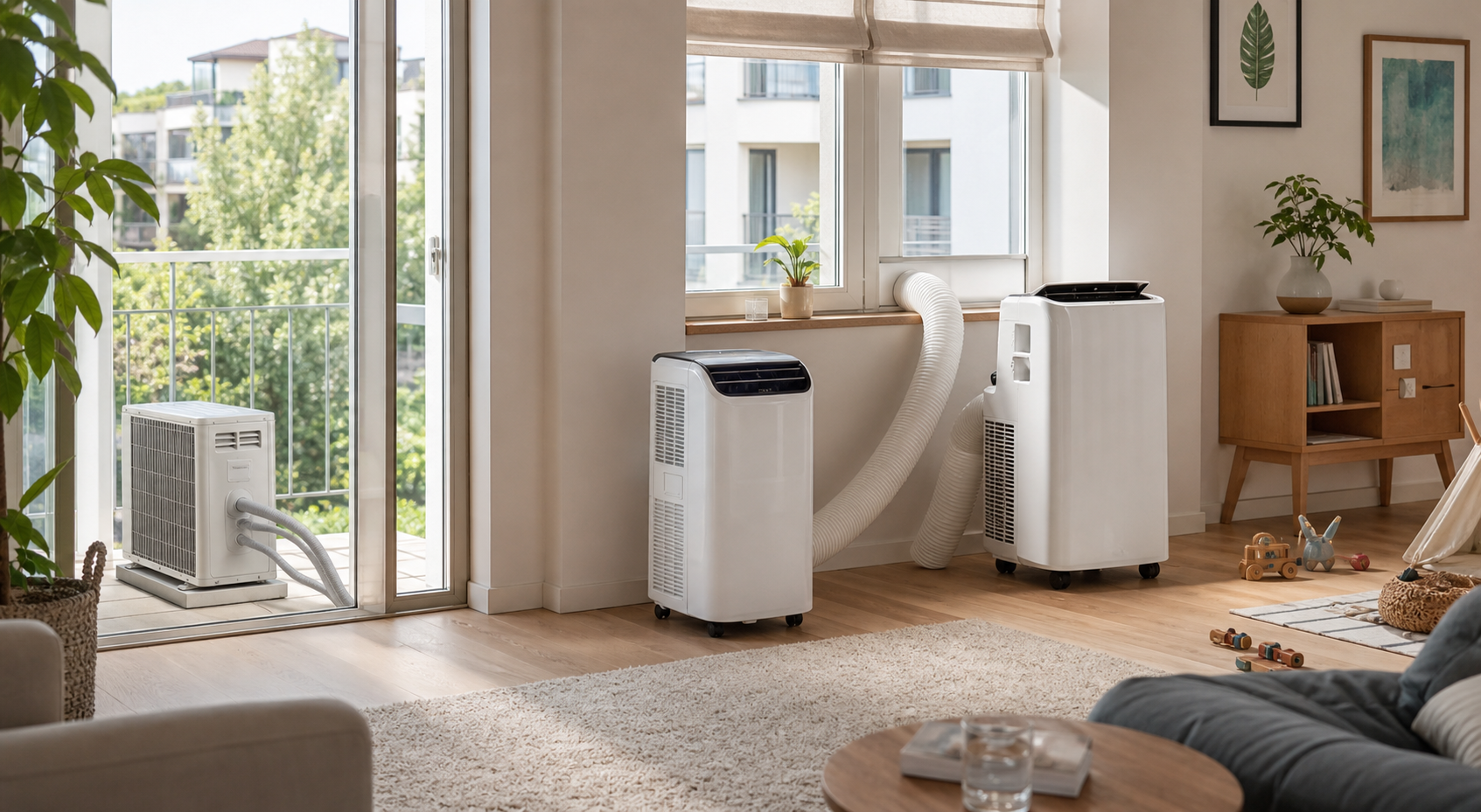Drei mobile Klimaanlagen-Konzepte im Familienwohnzimmer: Midea PortaSplit Cool, EUHOMY 7000 BTU und Euker 12000 BTU