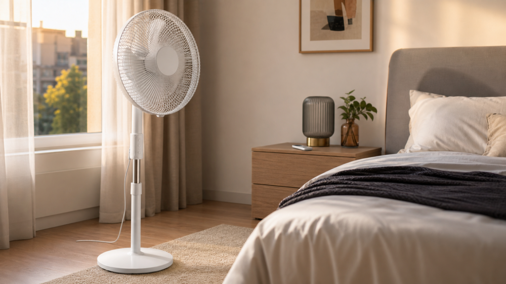 Midea FS40-16CR Standventilator im hellen Schlafzimmer als Prime-Week-Deal