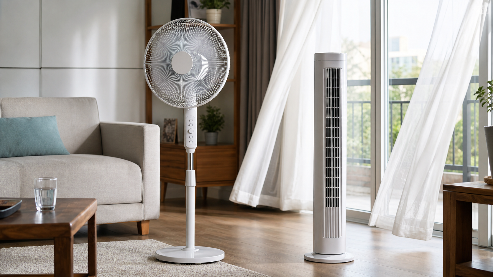 Midea FS40-16CR Standventilator im Vergleich zu einem Turmventilator im Wohnzimmer