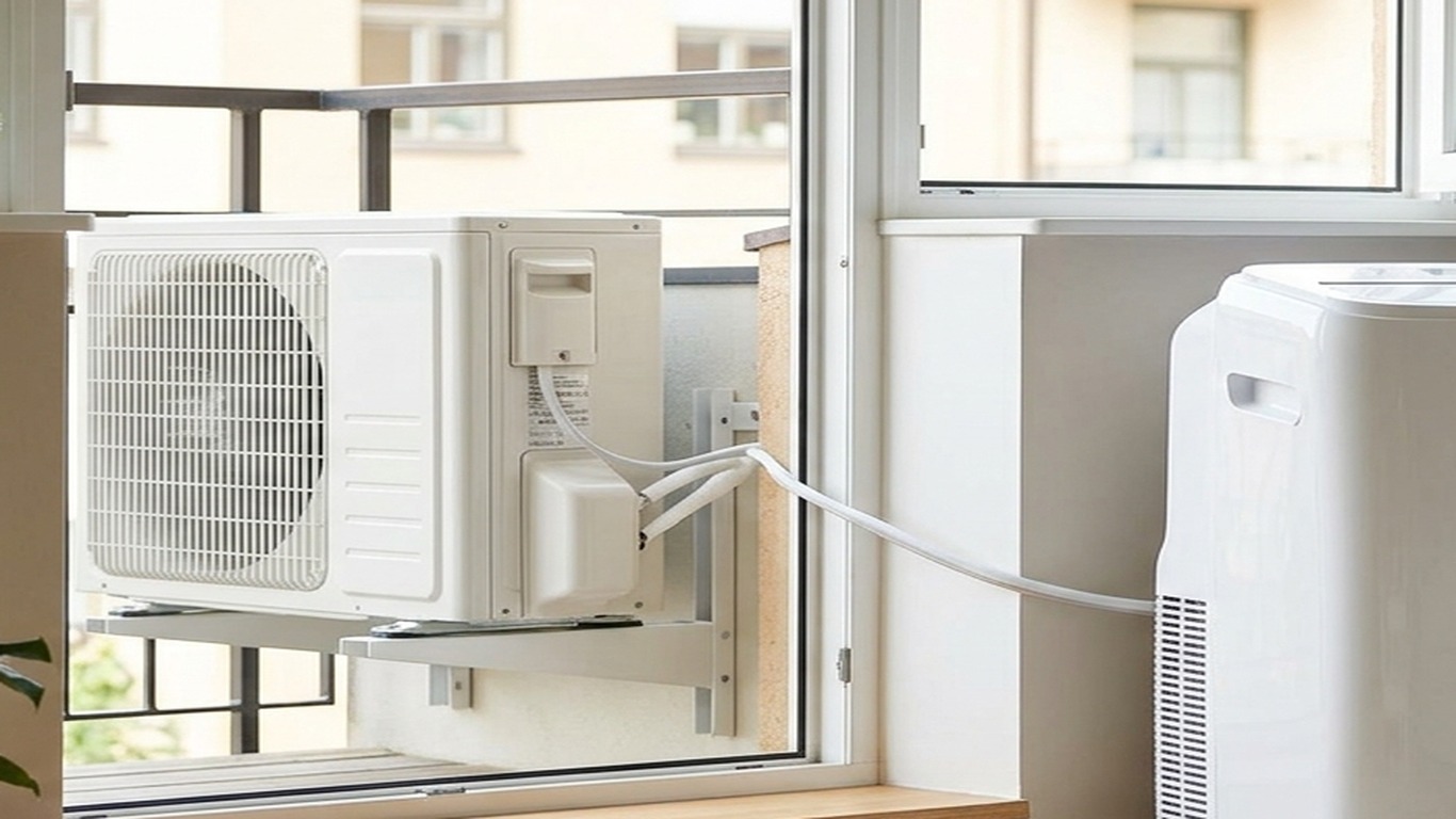 Flacher Verbindungsschlauch der Midea PortaSplit im Fensterspalt mit Außengerät