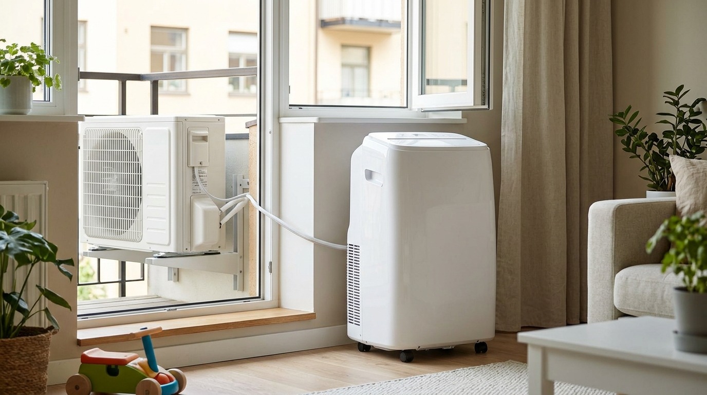 Midea PortaSplit mobile Split-Klimaanlage im hellen Familien-Wohnzimmer