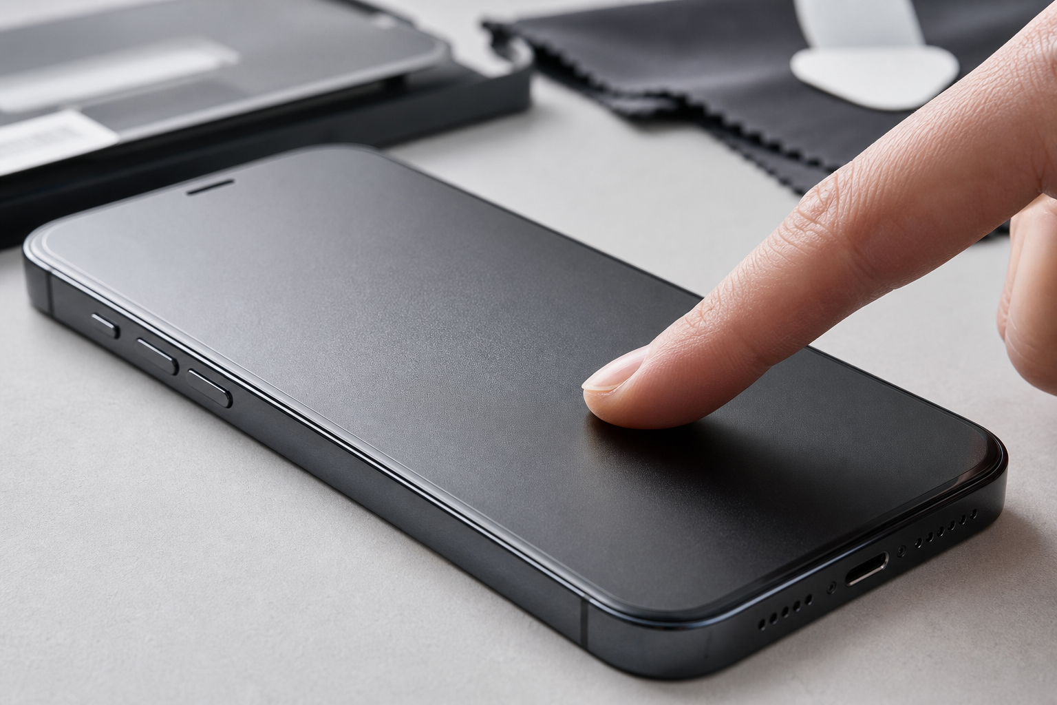 Finger gleitet über matte Mothca Displayschutzfolie auf einem iPhone