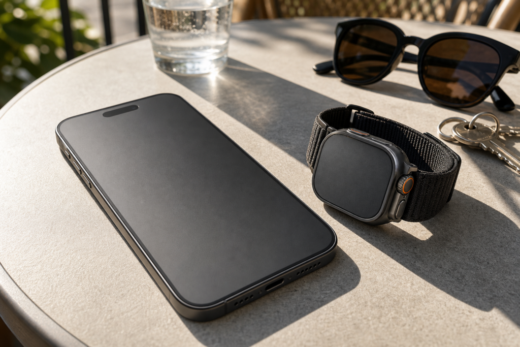 Mothca matte Displayschutzfolie auf iPhone und Apple Watch Ultra bei Sonne
