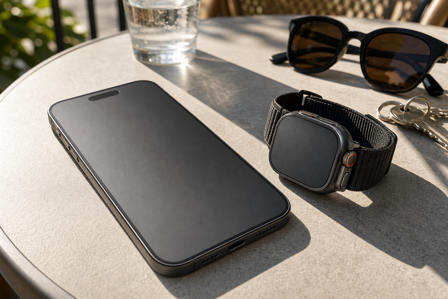 Mothca matte Displayschutzfolie auf iPhone und Apple Watch Ultra bei Sonne