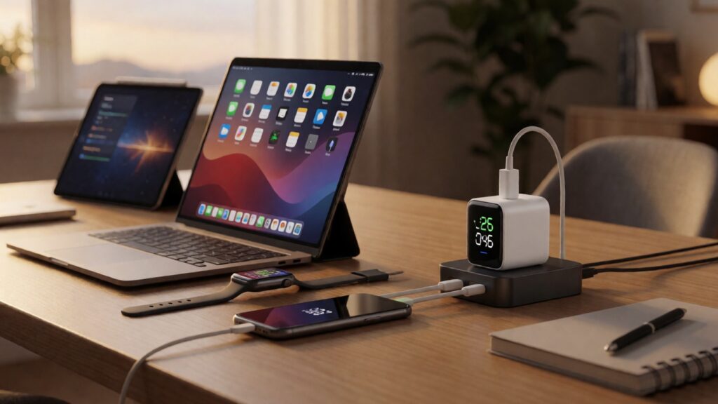 Modernes Homeoffice mit GaN-Netzteil mit Smart Display, Laptop, Tablet, Smartphone und Smartwatch beim Laden