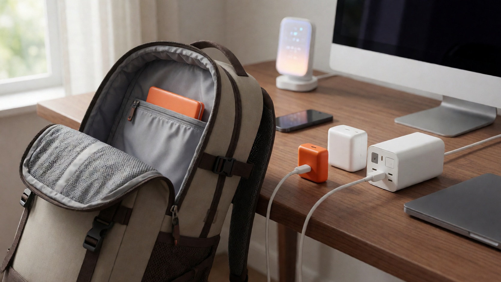 Anker GaN Netzteile mit Smart Display: Vergleich Vergleich von Anker GaN Wall-Chargern und Desktop-Ladestation auf einem Schreibtisch mit Laptop und Smartphone