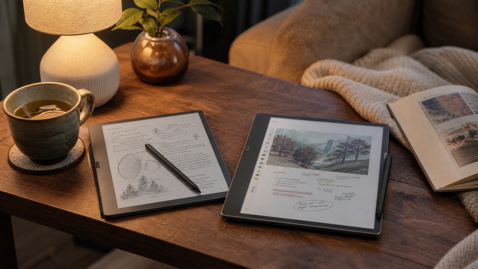 E-Ink Notiztablet Vergleich: reMarkable, BOOX, Kindle Zwei generische große E-Ink-Notiztablets mit Stiften als Vergleich von Kindle Scribe und farbigem Scribe-Workflow