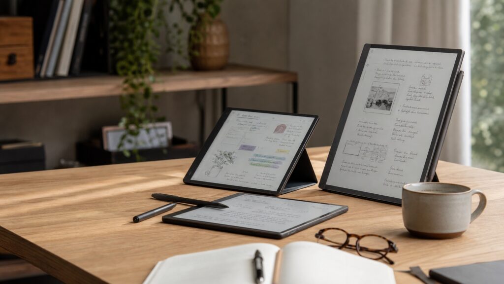 Moderne Lifestyle-Szene mit mehreren E-Ink-Notiztablets und Stiften auf einem warmen Schreibtisch