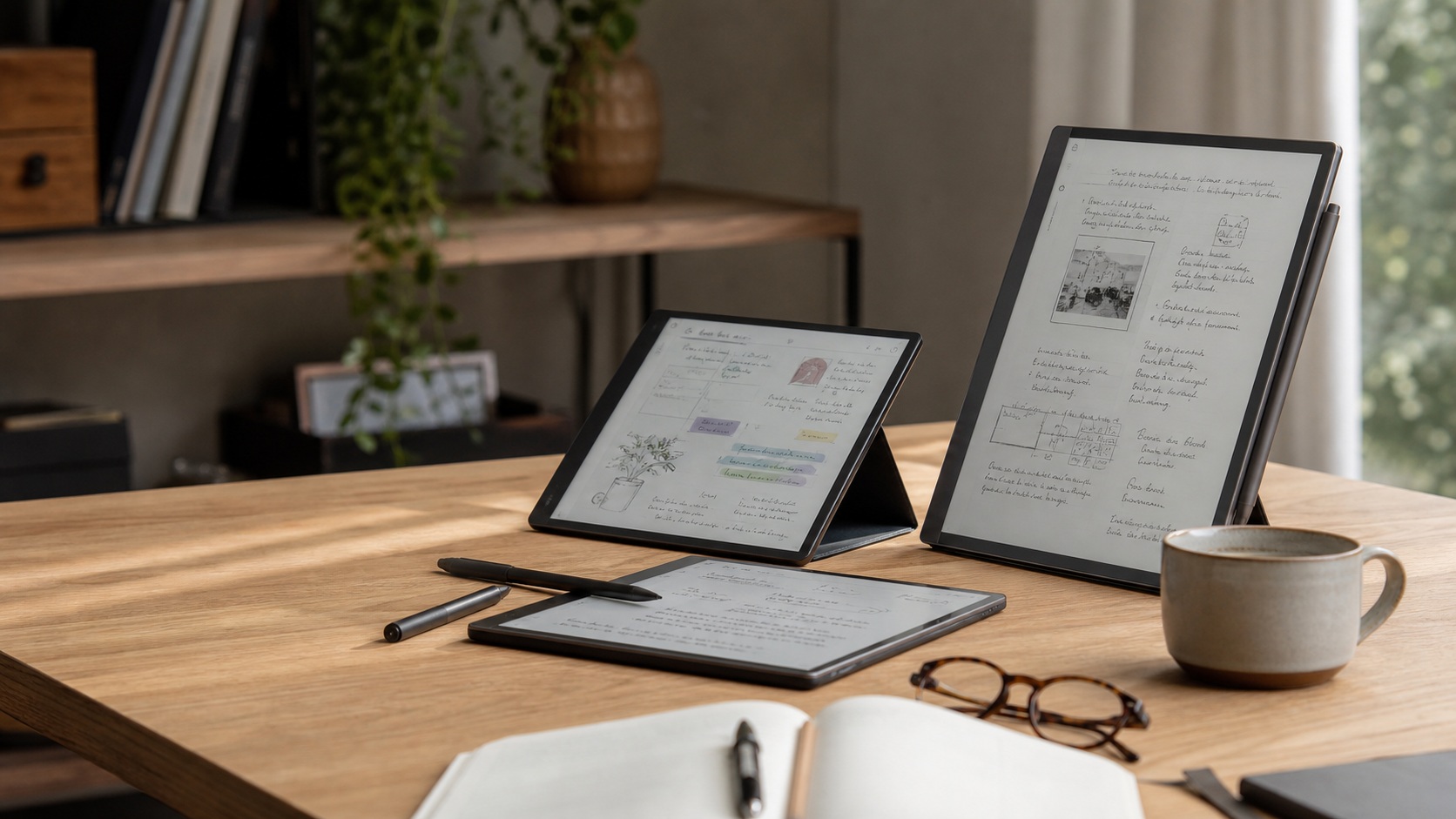 Moderne Lifestyle-Szene mit mehreren E-Ink-Notiztablets und Stiften auf einem warmen Schreibtisch
