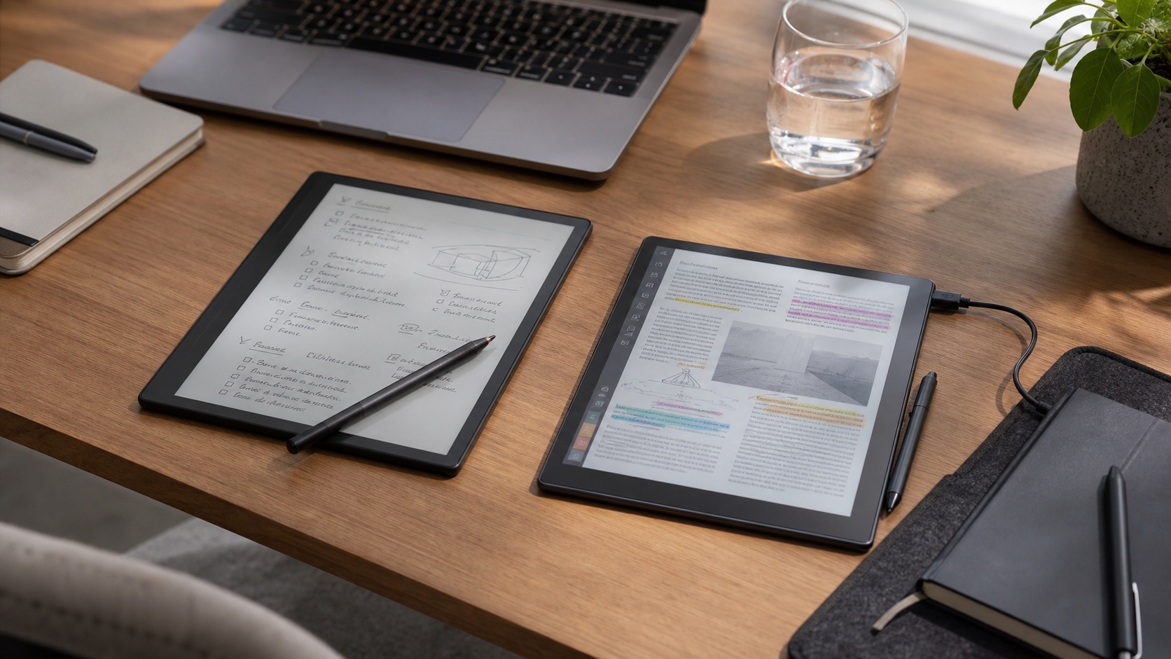 E-Ink Notiztablet Vergleich: reMarkable, BOOX, Kindle Generischer Vergleich zwischen einem fokussierten Schwarzweiß-E-Ink-Notiztablet und einem farbigen Android-E-Ink-Tablet