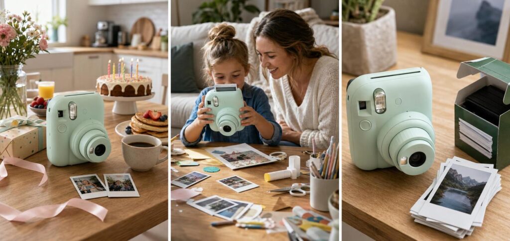 Mintgrüne Sofortbildkamera auf modernem Familientisch mit kleinen Sofortbildern, Geschenkpapier und warmer Alltagsszene