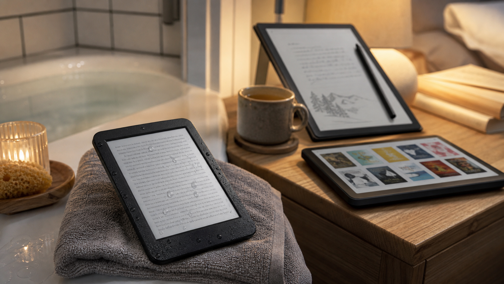 Kindle Detailbild mit wasserresistentem Lesen, Farbdisplay und Scribe-Stift im Alltag