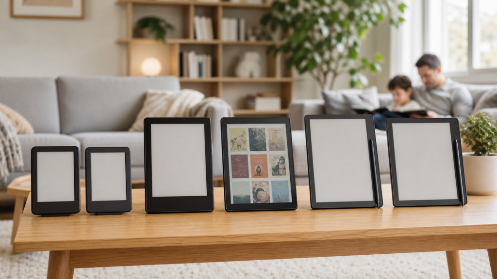 Kindle E-Reader Lineup mit kompakten Readern, Farbdisplay und Scribe-Modellen auf einem Wohnzimmertisch