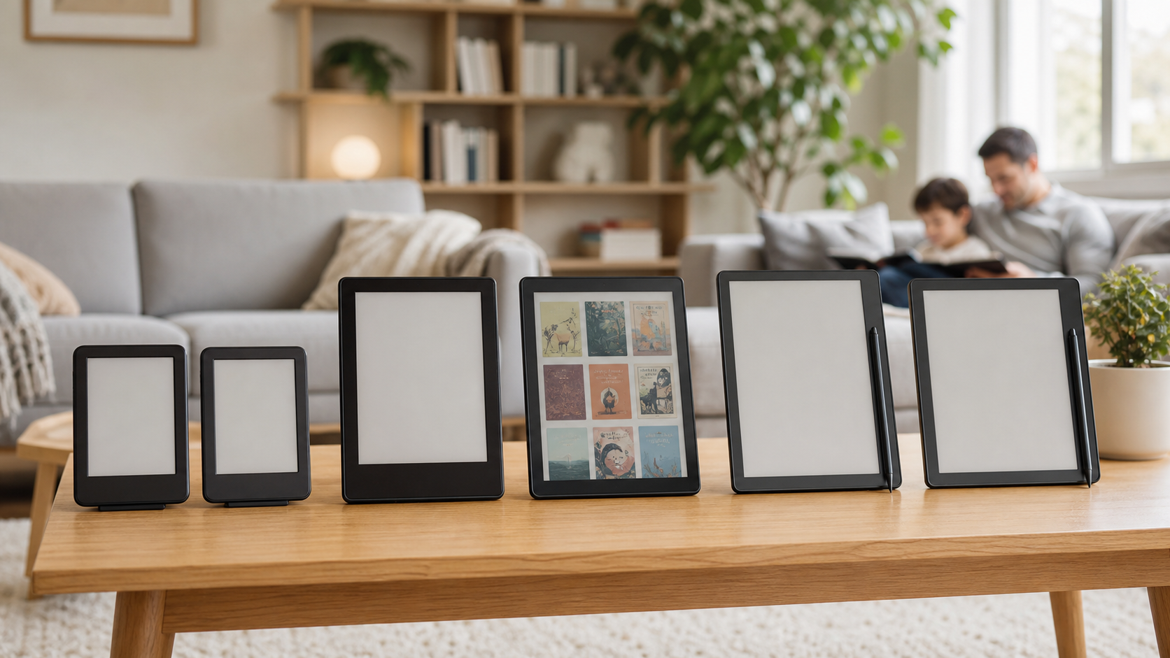 Kindle E-Reader Lineup mit kompakten Readern, Farbdisplay und Scribe-Modellen auf einem Wohnzimmertisch