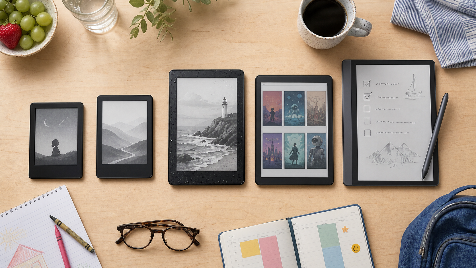 Vergleich verschiedener Kindle E-Reader Größen mit Farbdisplay und Scribe-Stift auf einem Tisch