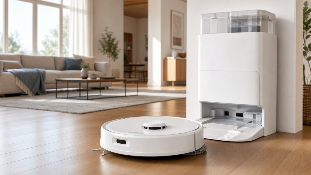 Realistisches Hero-Bild des Roborock Qrevo S Pro Saugwischroboters mit Absaugstation in modernem Wohnzimmer