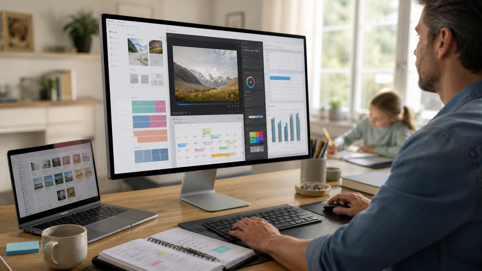 27-Zoll-5K-Monitor mit scharfem Arbeitsbereich für Foto-Editing, Kalender und Tabellen im Familien-Homeoffice