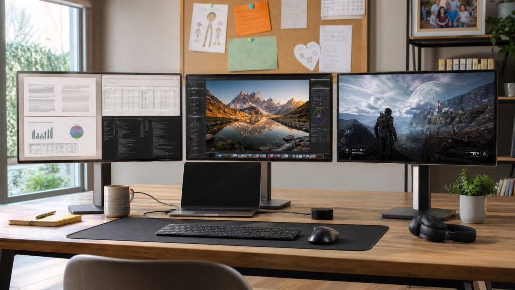 5K-Monitor Test: LG UltraGear vs. Apple Studio Display Drei 27-Zoll-5K-Monitore in einem modernen Familien-Homeoffice als Vergleich zwischen Arbeit, Kreativität und Gaming